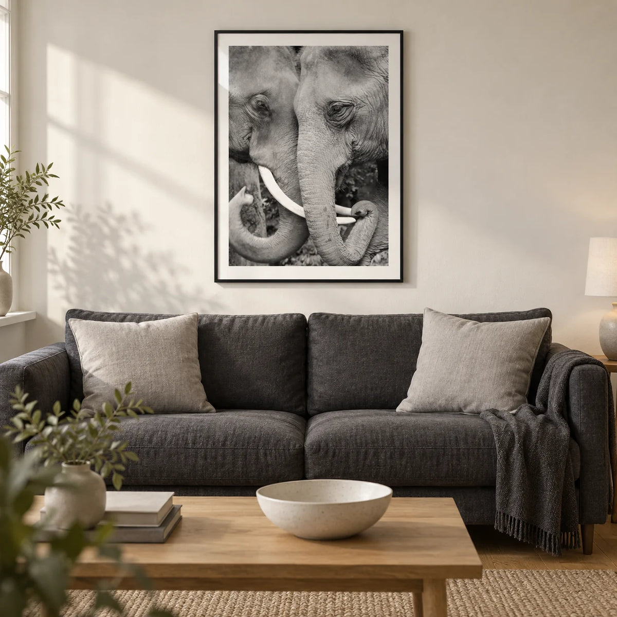 Animal Portrait Art, framed on the wall of a calm contemporary living room in a UK terraced house with a warm white wall and oak floor