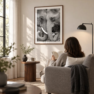 Animal Portrait Art, framed on the wall of a quiet reading corner beside a living-room window with a warm white wall in a living room