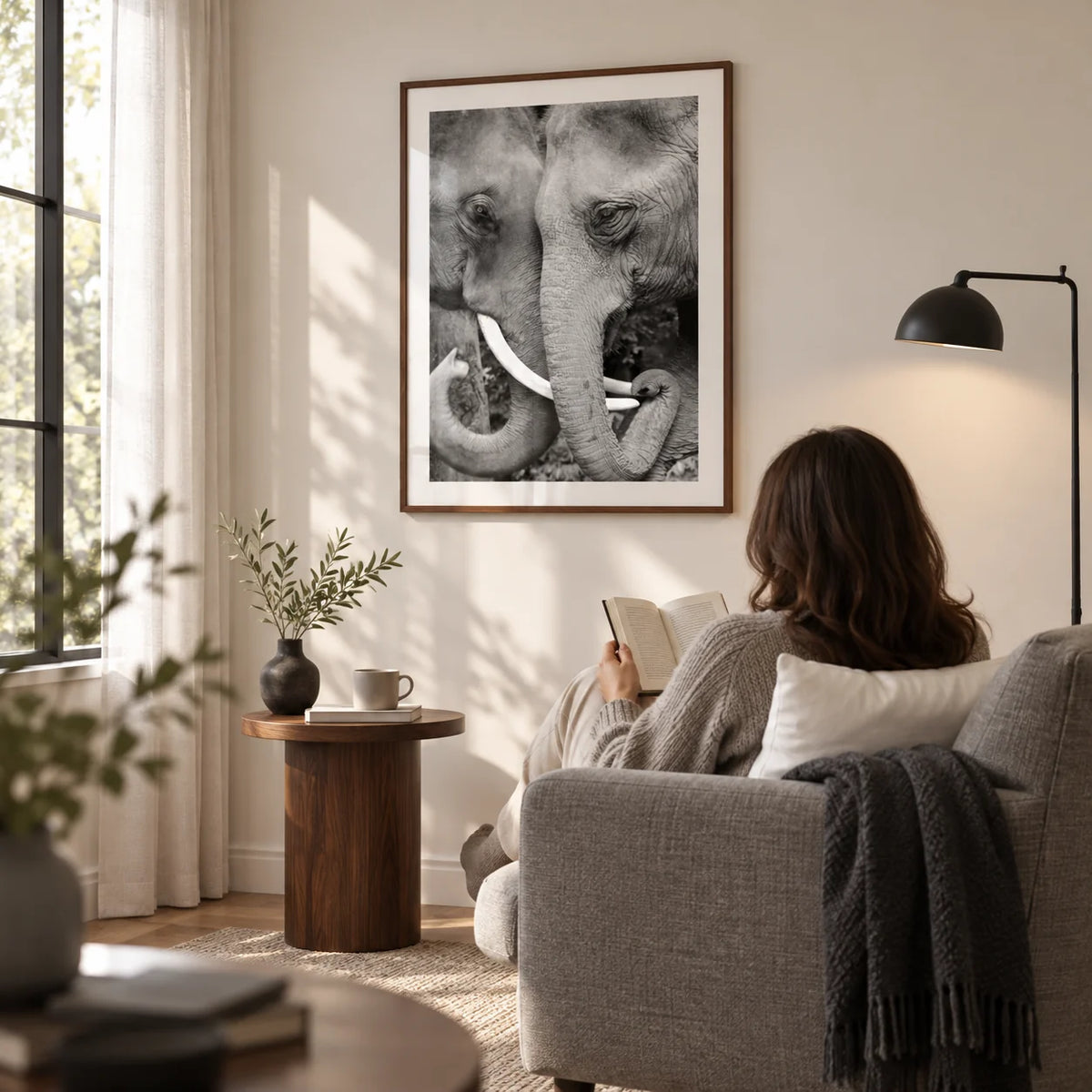 Animal Portrait Art, framed on the wall of a quiet reading corner beside a living-room window with a warm white wall in a living room