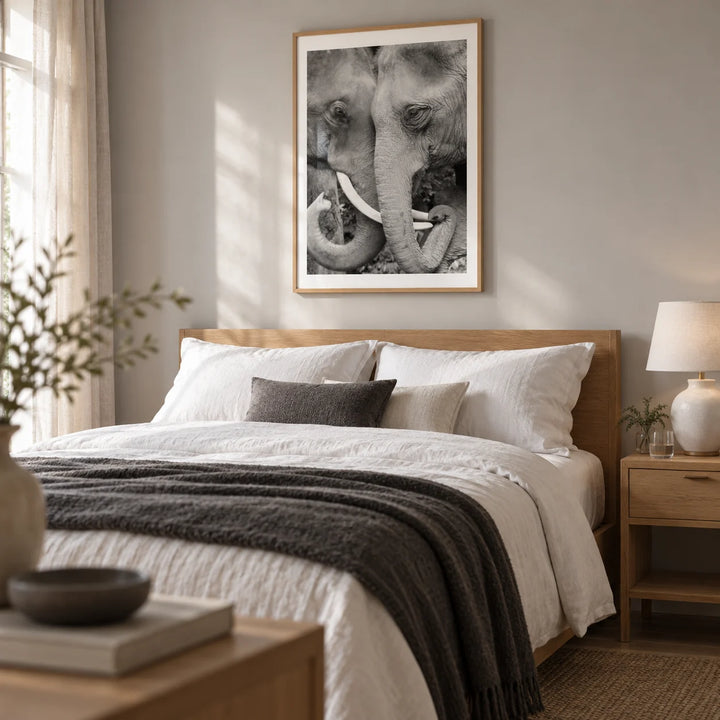 Animal Portrait Art, framed on the wall of a restful adult bedroom with a pale grey wall and natural oak furniture