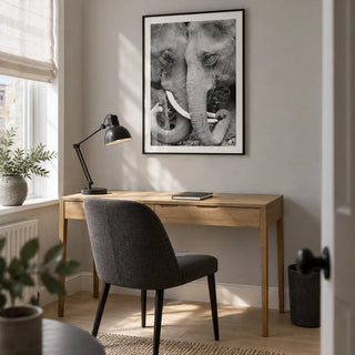 Animal Portrait Art, framed on the wall of a serene home study in a UK flat with a light grey wall and pale oak flooring