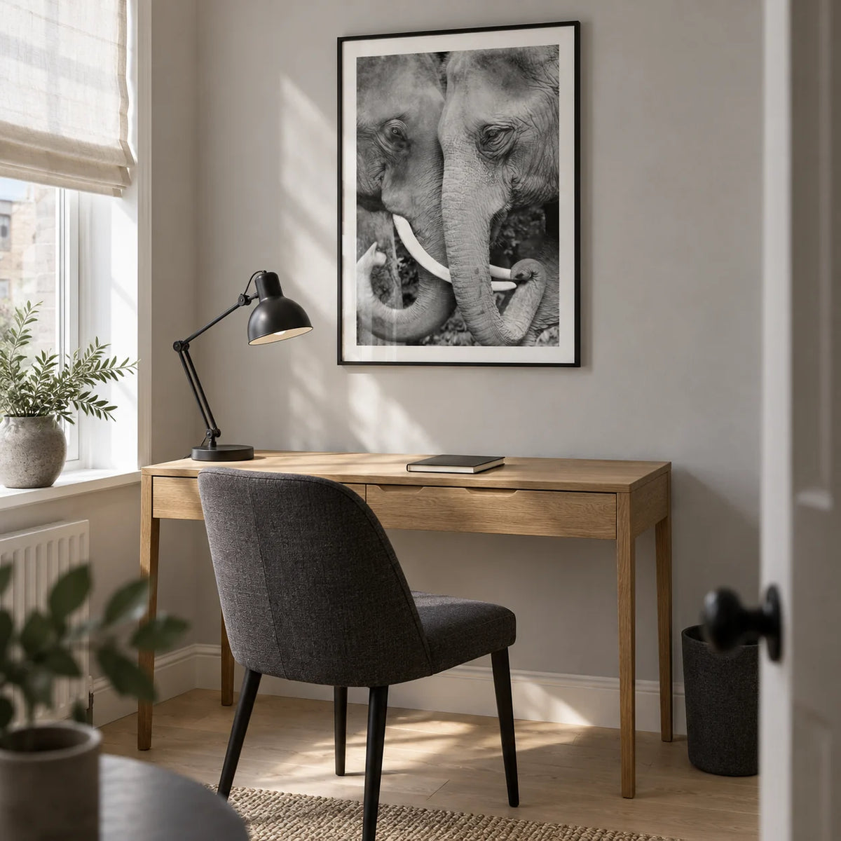 Animal Portrait Art, framed on the wall of a serene home study in a UK flat with a light grey wall and pale oak flooring