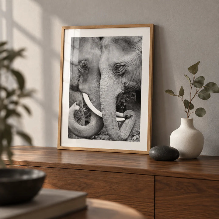 Animal Portrait Art, a small A4 framed print leaning on a walnut sideboard in a living room