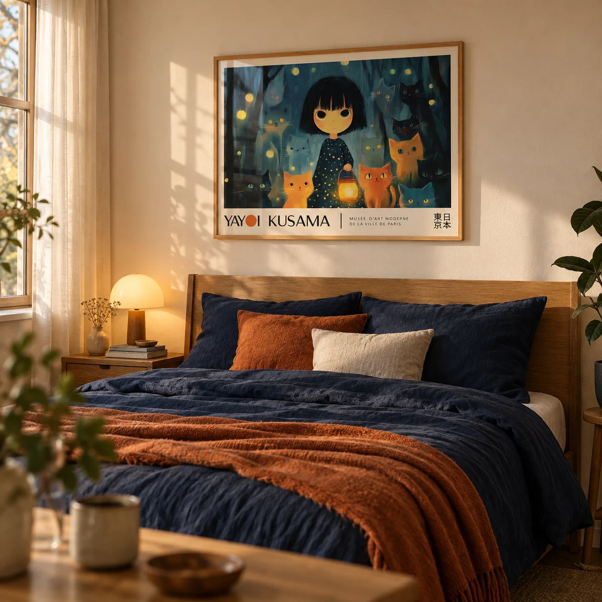 Anime Girl Poster, framed on the wall of a calm cosy bedroom with a warm cream wall