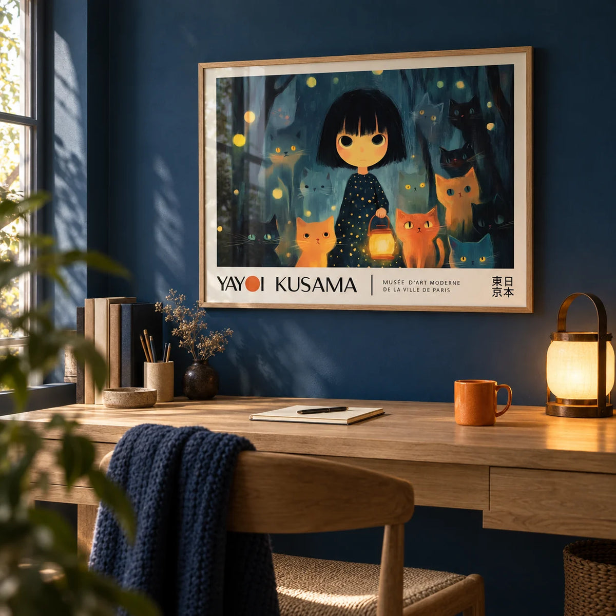 Anime Girl Poster, framed on the wall of a calm study corner with a deep blue wall