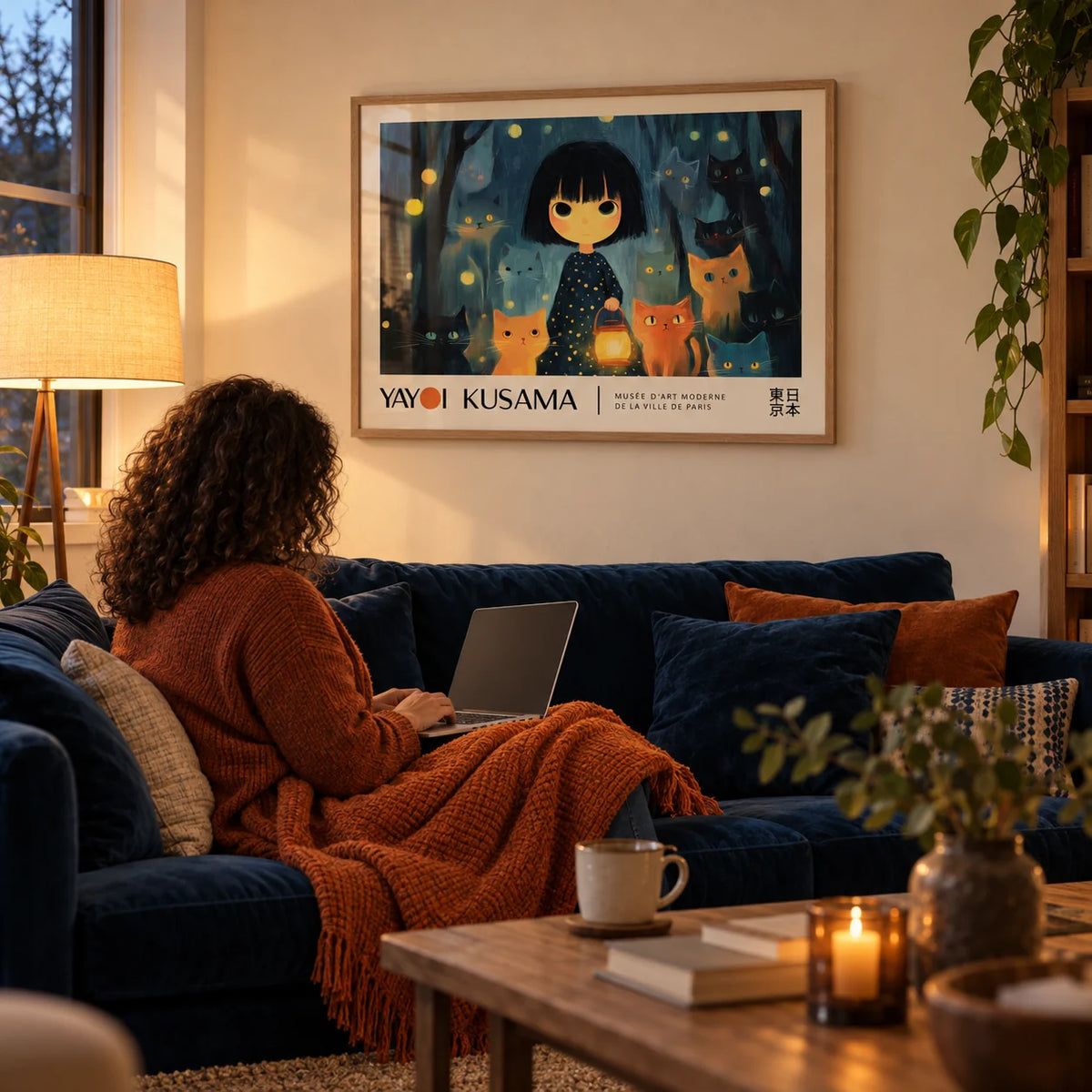 Anime Girl Poster, framed on the wall of a cosy evening living room with a warm cream wall
