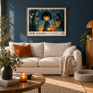 Anime Girl Poster, framed on the wall of a cosy living room with a deep blue painted wall and a light oak floor