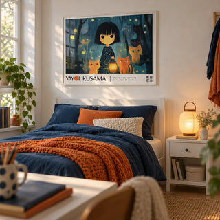 Anime Girl Poster, framed on the wall of a cosy single bedroom for a teen girl (13-17) with a soft white wall