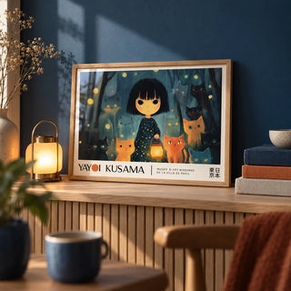 Anime Girl Poster, a small A4 framed print leaning on a pale oak shelf in a living room