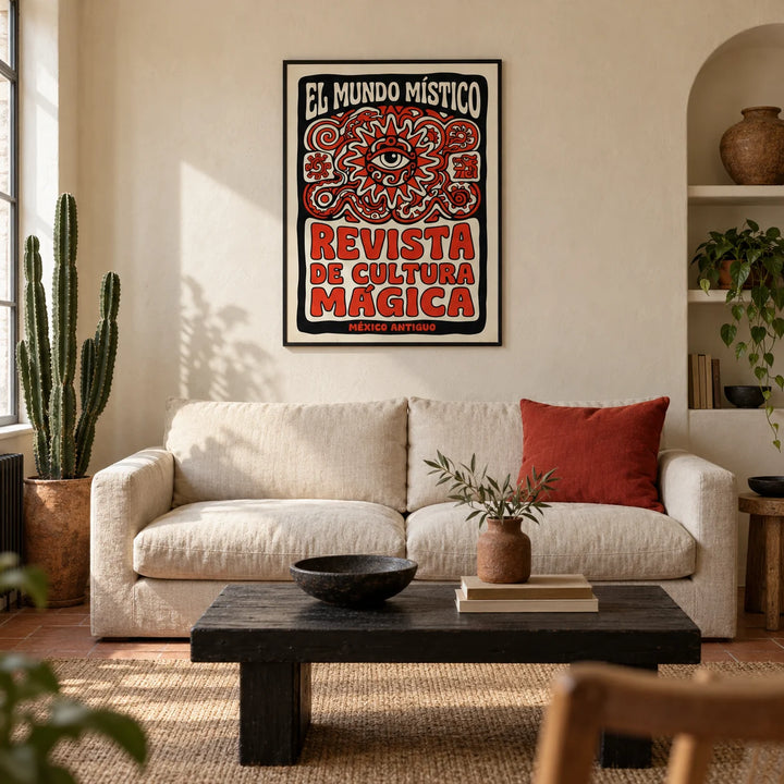 Antique Mexican Art Print, framed on the wall of a warm Mexican-modern living room in a UK terraced house with cream limewashed walls