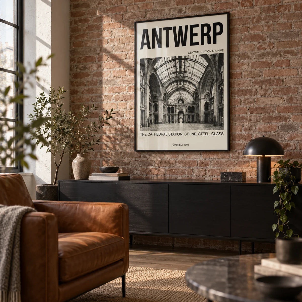 Antwerp Central Station Art Print, framed on the wall of a city-flat living room with an exposed brick wall