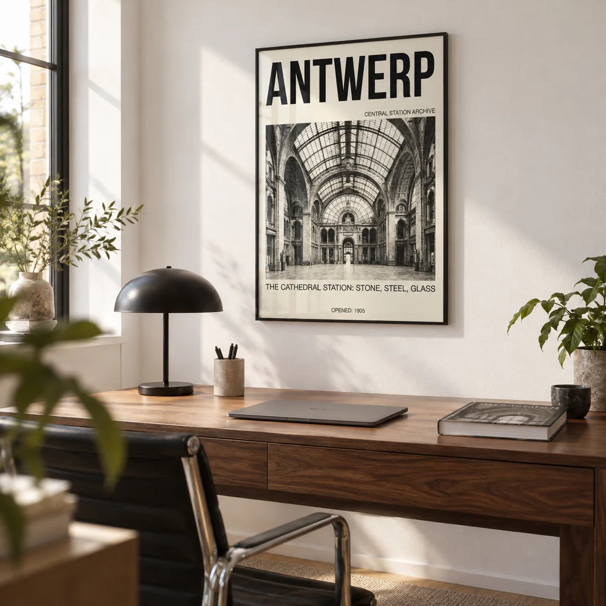 Antwerp Central Station Art Print, framed on the wall of a modern home office with white walls