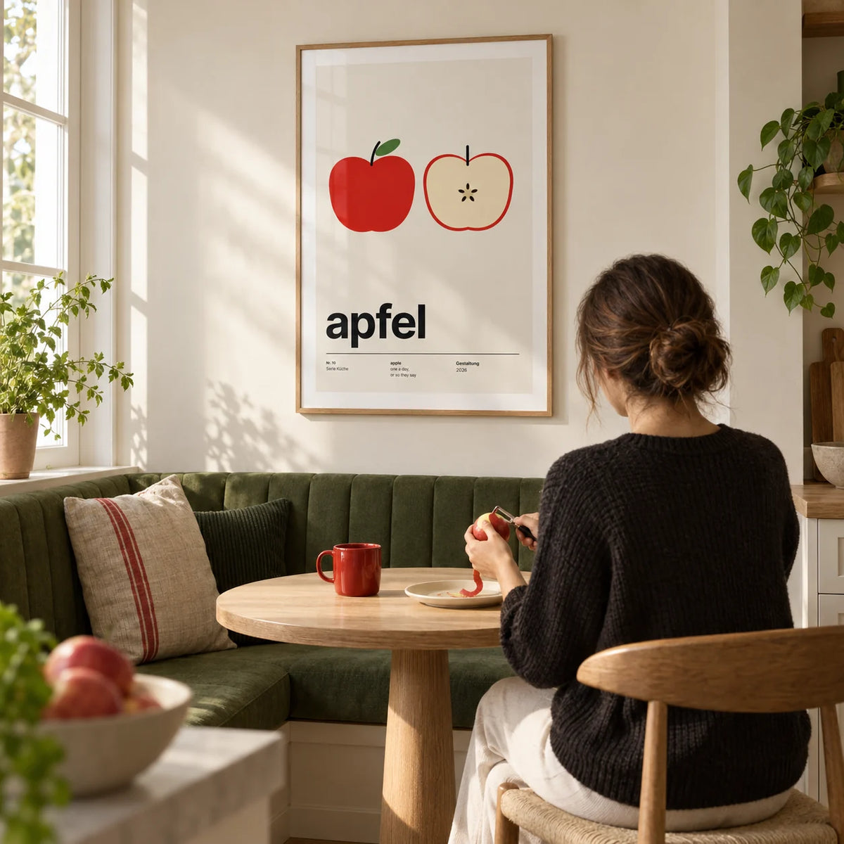 Apple Print, framed on the wall of a compact kitchen breakfast nook with a cream wall and a built-in green banquette