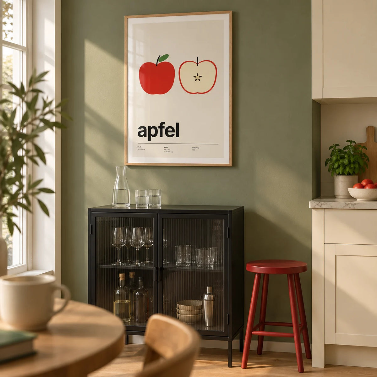 Apple Print, framed on the wall of a contemporary kitchen drinks corner with a muted green wall