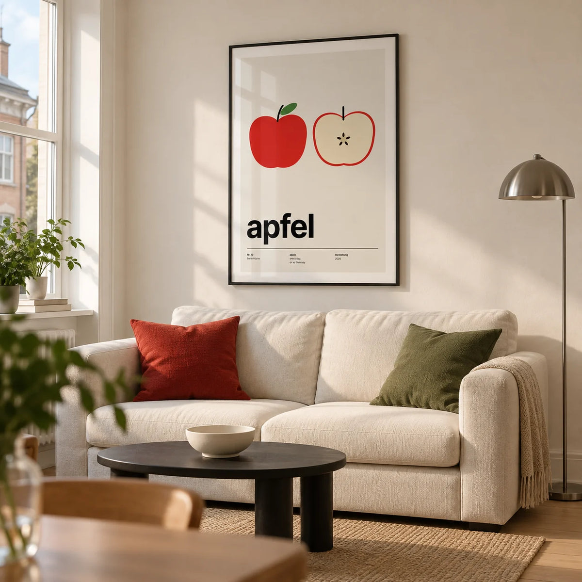 Apple Print, framed on the wall of a crisp modern living room in a UK city flat with warm white walls and a pale timber floor