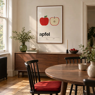 Apple Print, framed on the wall of a design-led dining room in a Victorian terrace with cream walls and an oak floor