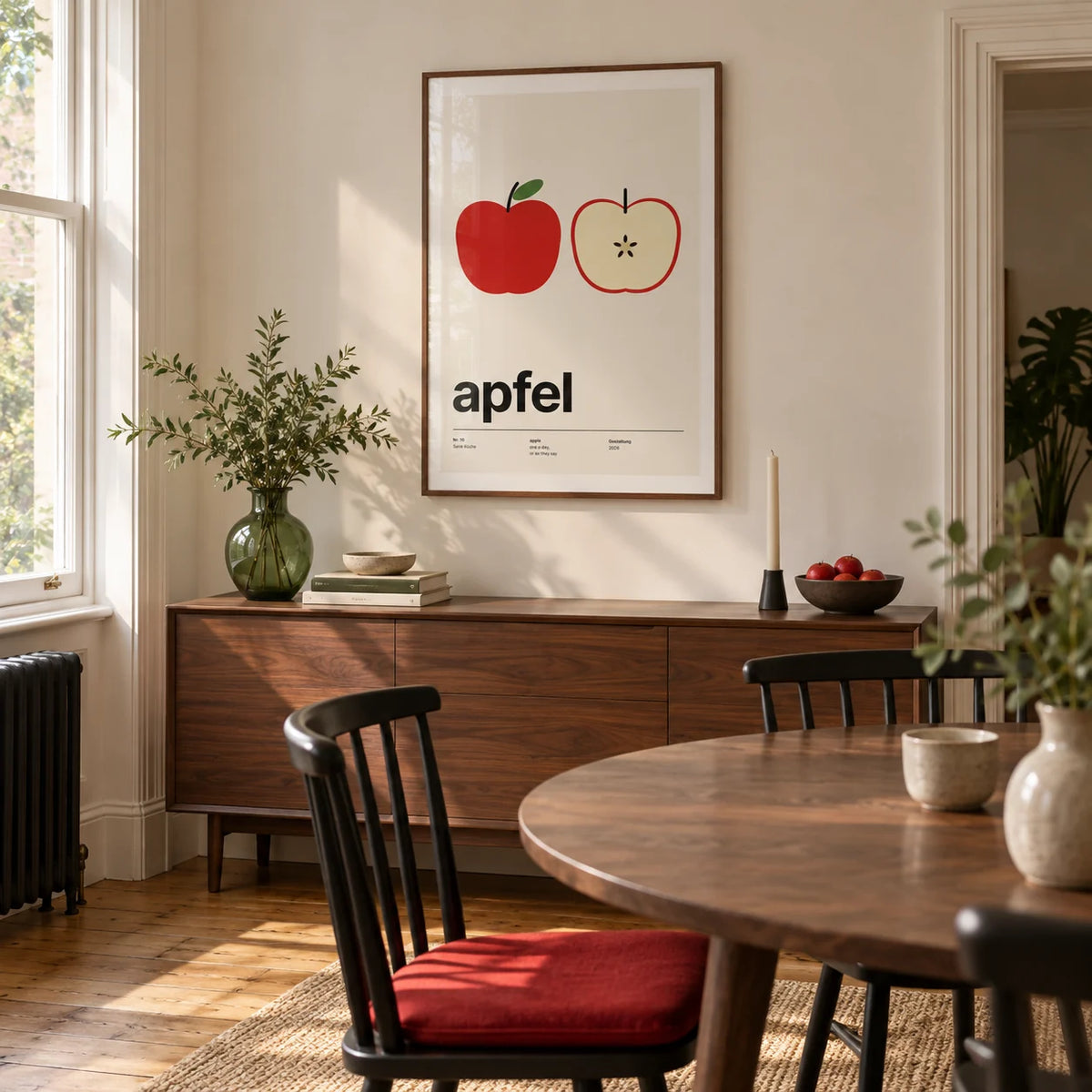 Apple Print, framed on the wall of a design-led dining room in a Victorian terrace with cream walls and an oak floor