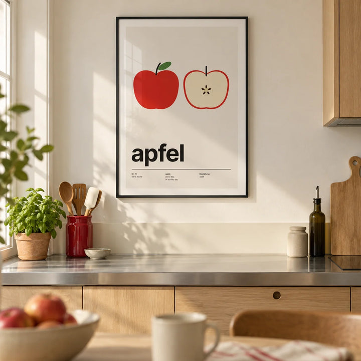 Apple Print, framed on the wall of a modern kitchen in a UK first flat with warm white walls