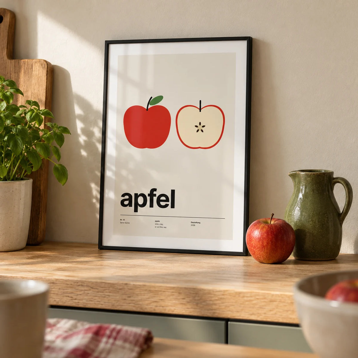 Apple Print, a small A4 framed print leaning on a pale oak kitchen worktop