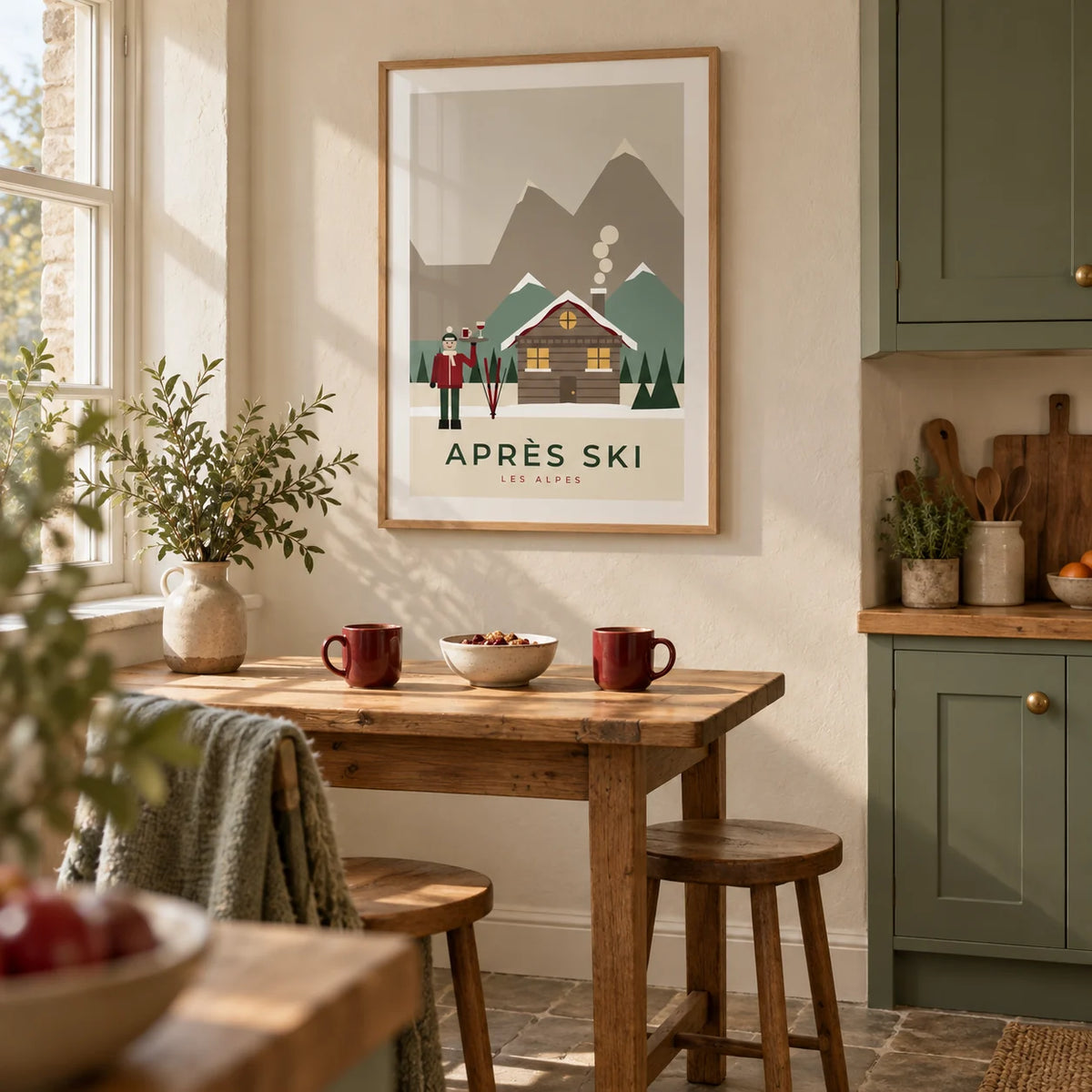 Apres Ski Poster, framed on the wall of a cosy kitchen breakfast corner in a UK cottage with cream plaster walls and sage green cabinets