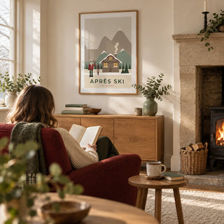 Apres Ski Poster, framed on the wall of a fireside sitting corner in a UK country house with a cream wall beside a simple stone fireplace in a living room
