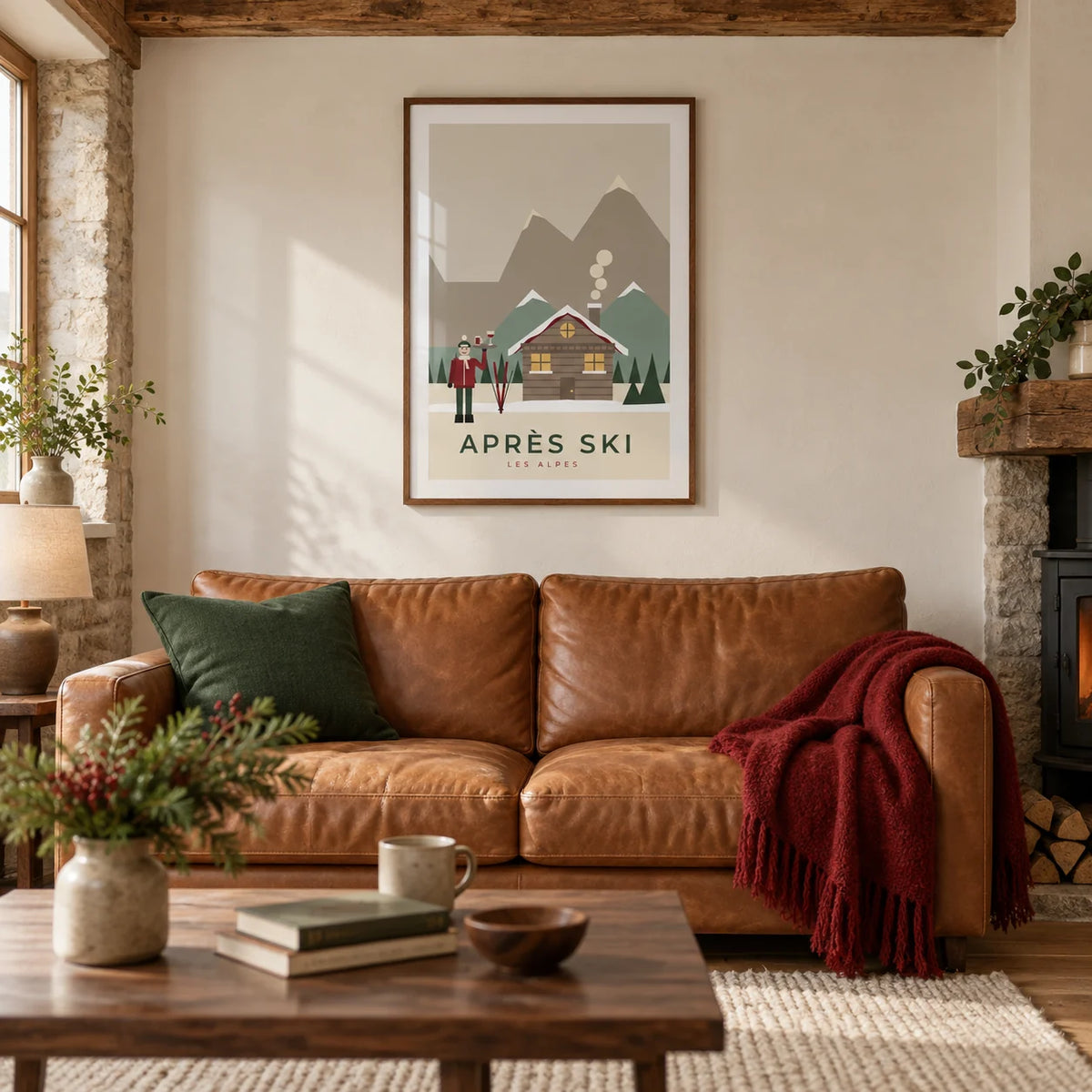 Apres Ski Poster, framed on the wall of a warm Alpine-inspired living room in a UK stone terrace with a cream plaster wall and exposed timber beam
