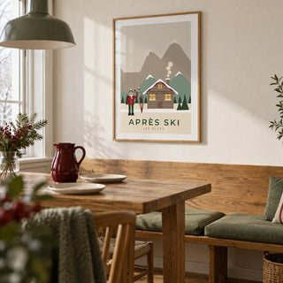 Apres Ski Poster, framed on the wall of a welcoming dining room in a UK family home with a warm white wall and oak floorboards