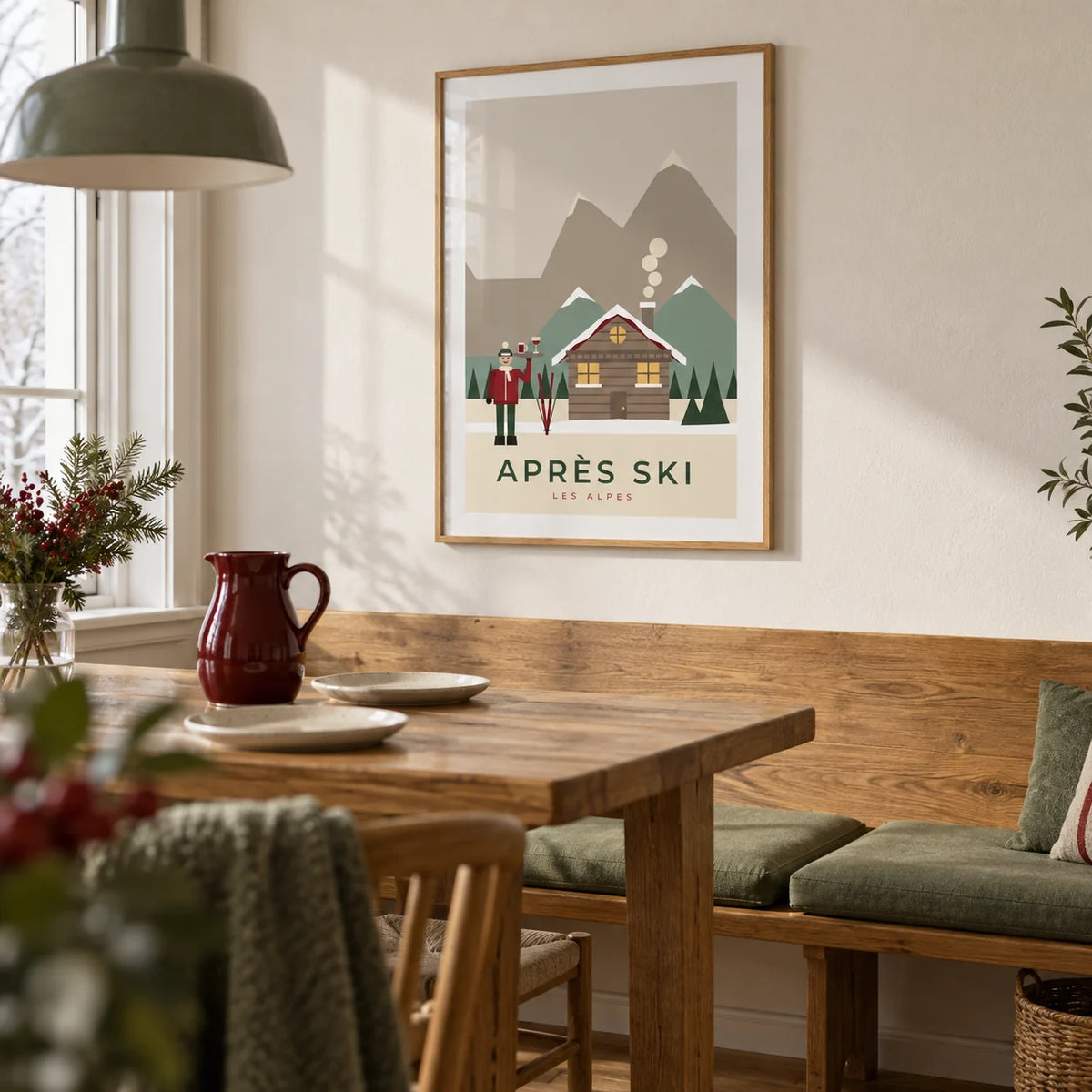 Apres Ski Poster, framed on the wall of a welcoming dining room in a UK family home with a warm white wall and oak floorboards