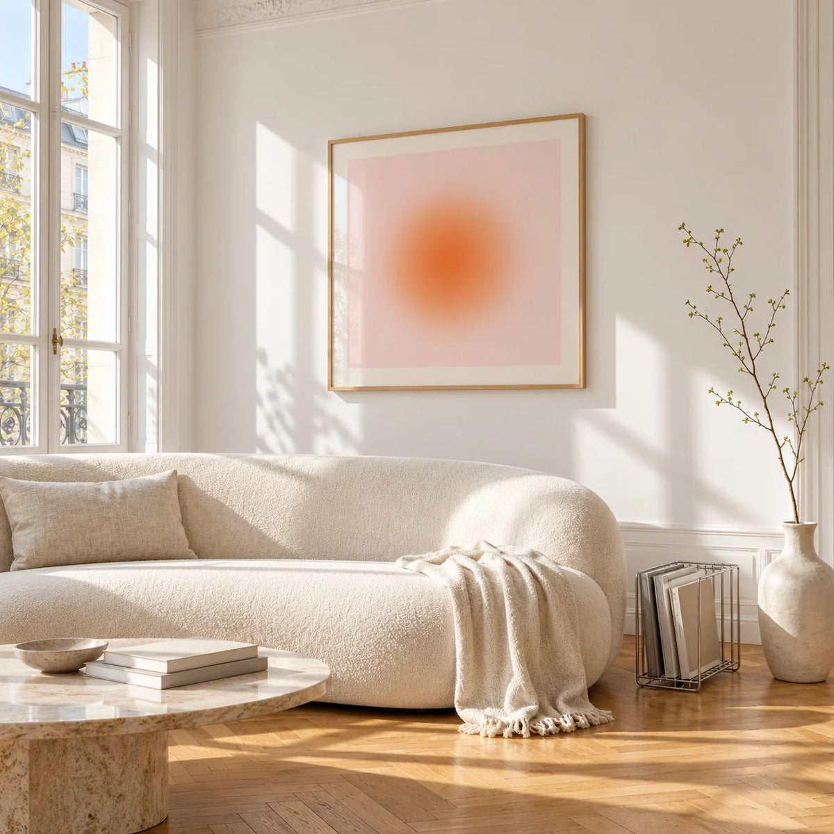 Apricot Print, framed on the wall of a bright living room corner