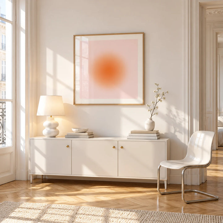 Apricot Print, framed on the wall of a bright Paris style apartment in a living room