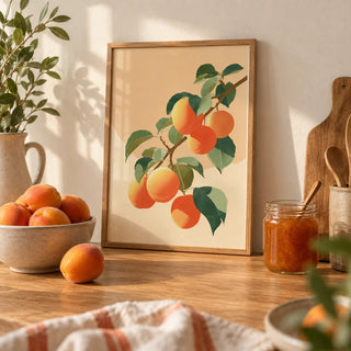 Apricot Wall Print, a small A4 framed print leaning on an oak worktop in a kitchen