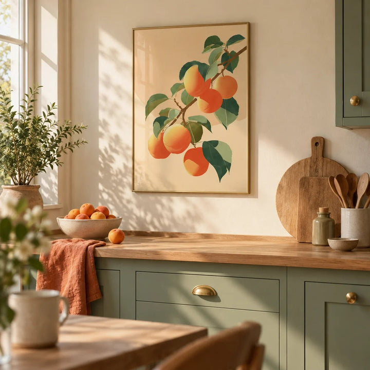 Apricot Wall Print, framed on the wall of a warm kitchen with sage green cabinets