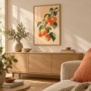 Apricot Wall Print, framed on the wall of a warm living room