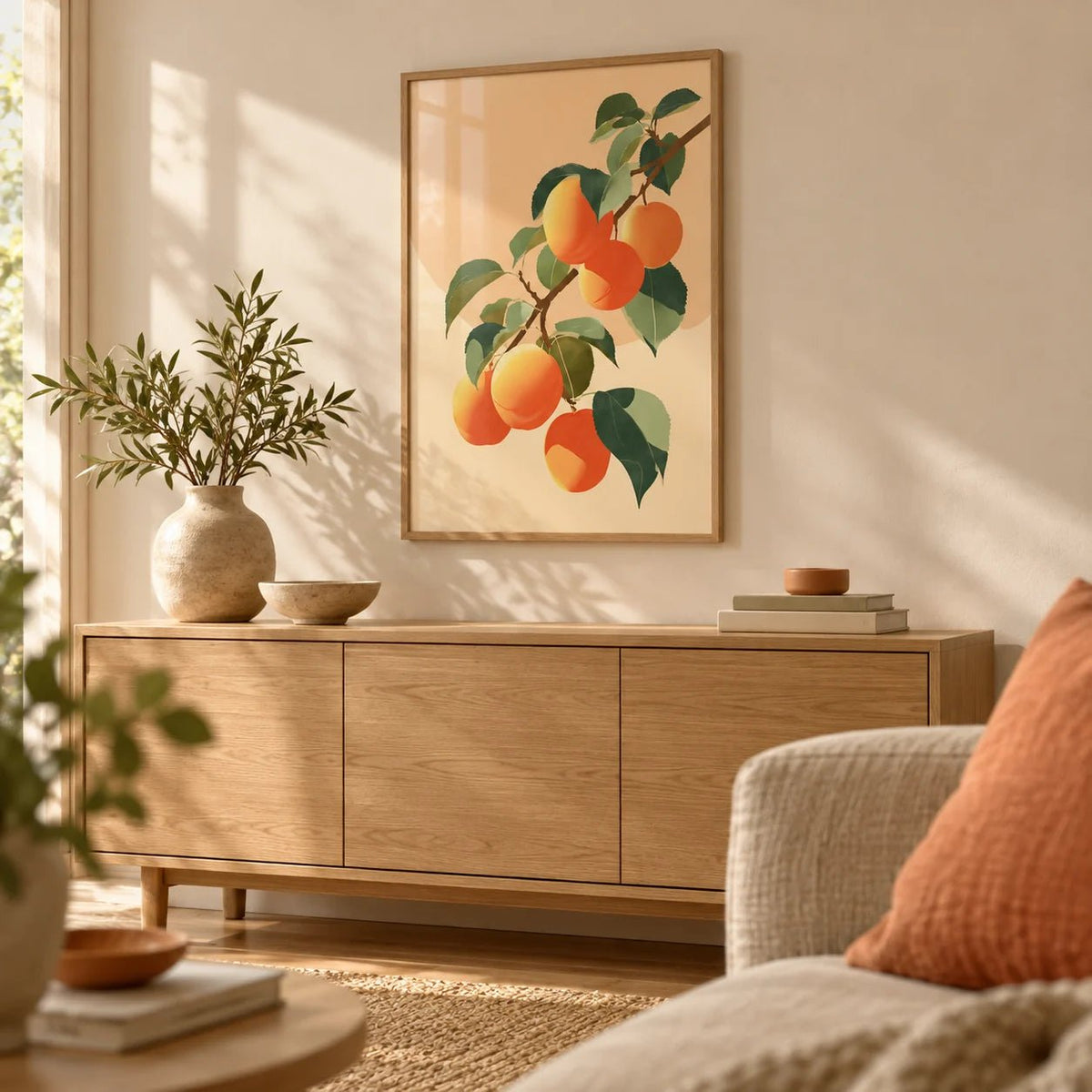 Apricot Wall Print, framed on the wall of a warm living room