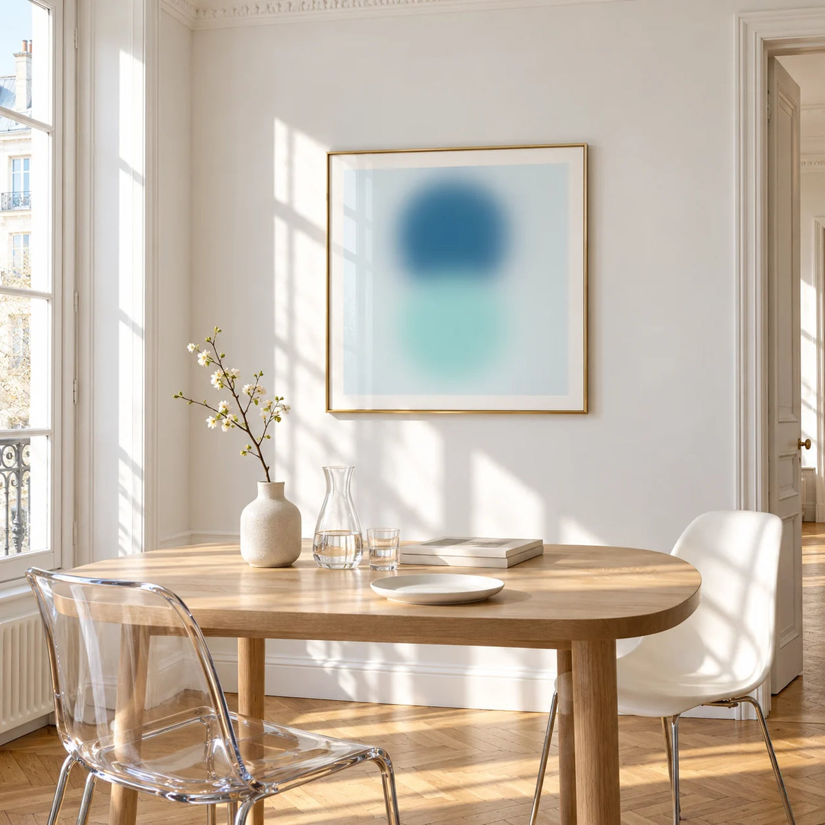 Aqua Print, framed on the wall of a bright dining corner