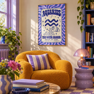 Aquarius Print, framed on the wall of a cosy colourful reading nook in a living room