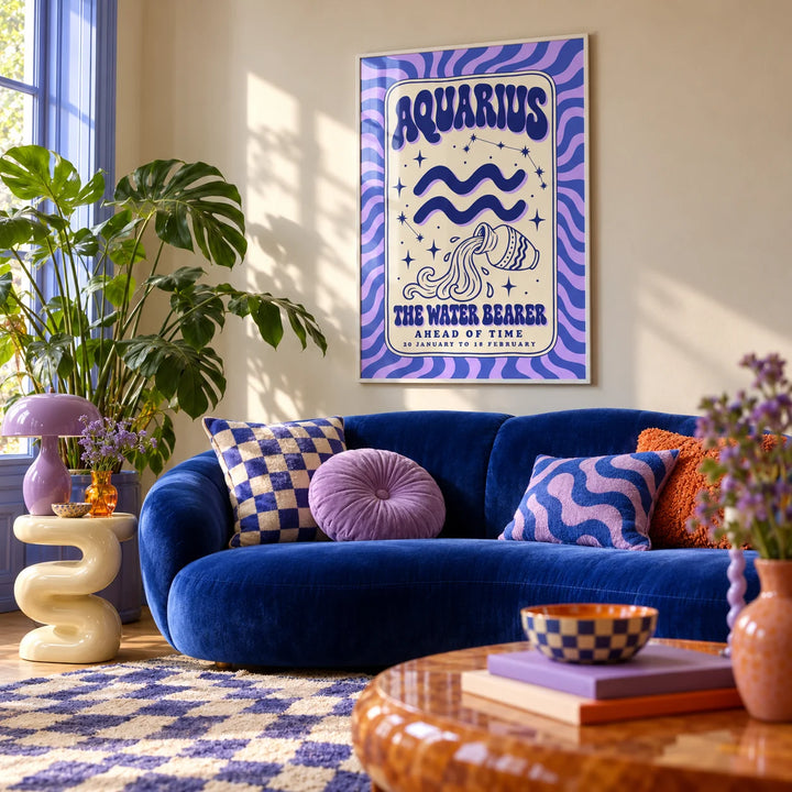Aquarius Print, framed on the wall of a maximalist living room