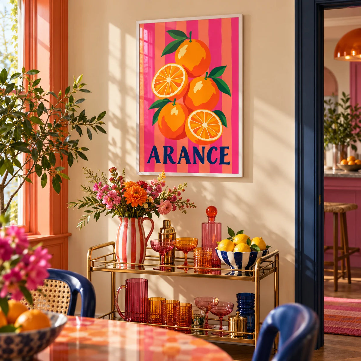 Arance Stripes Print, framed on the wall of a colourful dining corner