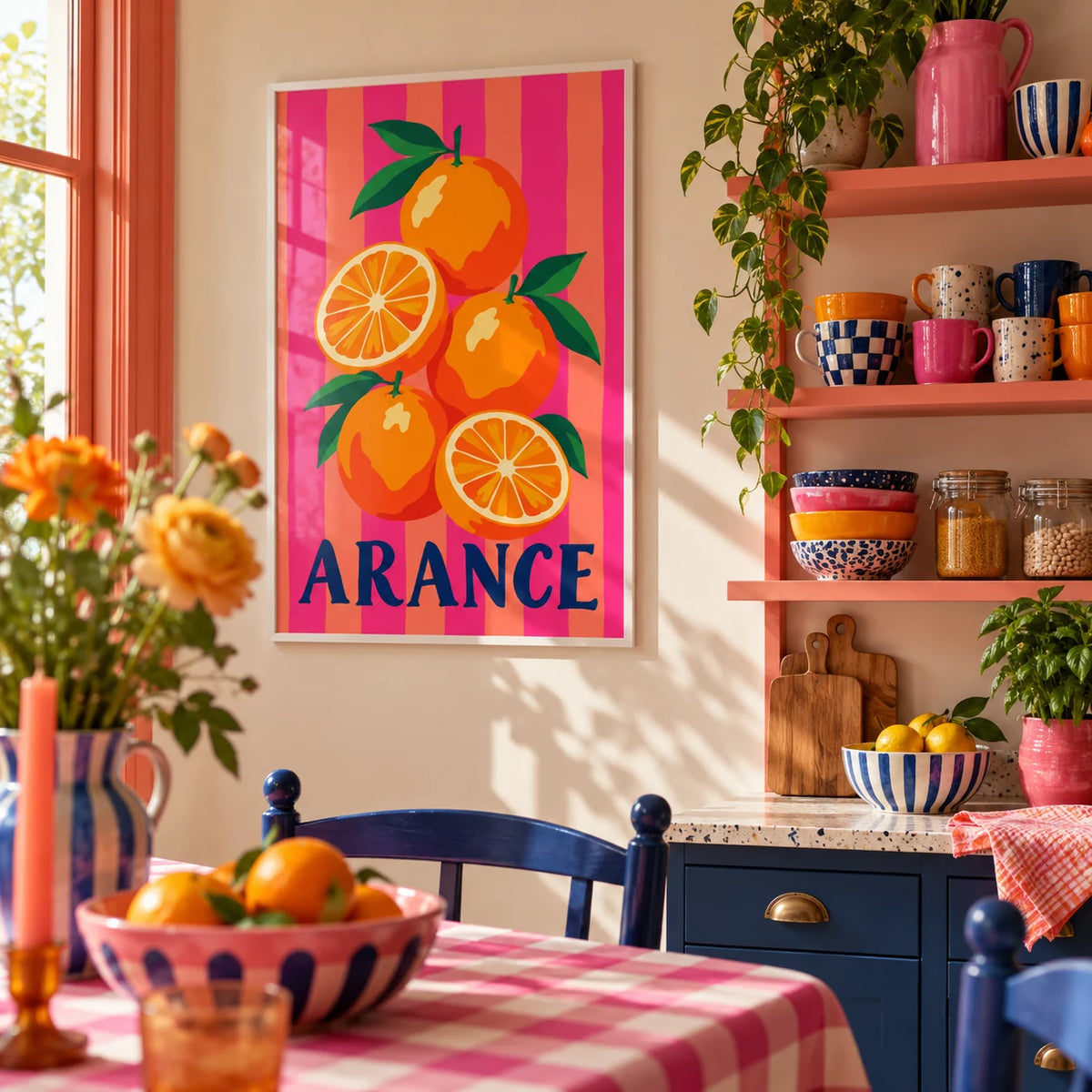 Arance Stripes Print, framed on the wall of a fun kitchen corner