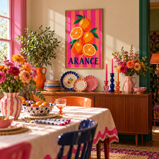 Arance Stripes Print, framed on the wall of a maximalist dining room