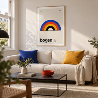 Arch Print, framed on the wall of a crisp modern living room in a renovated British terrace with an off-white wall