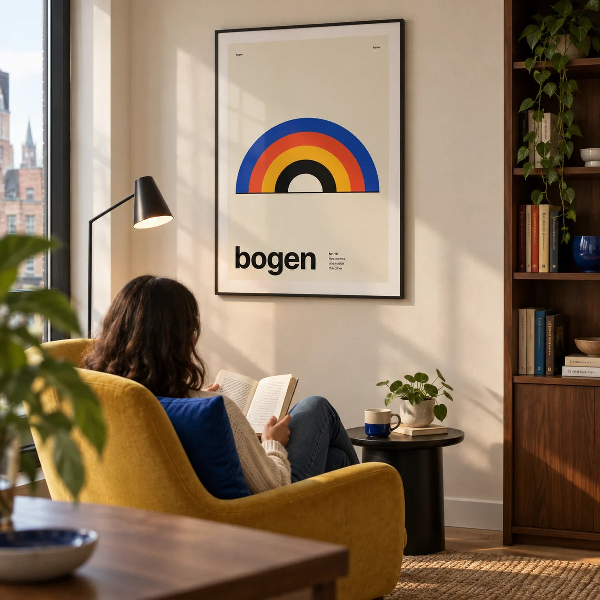 Arch Print, framed on the wall of a modern reading corner in a UK city apartment with a cream wall and walnut shelving along the adjacent wall in a living room