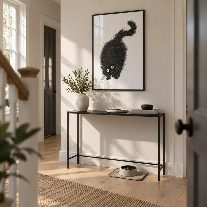 Arched Back Cat Print, framed on the wall of a bright hallway