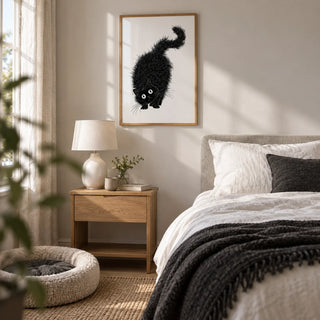 Arched Back Cat Print, framed on the wall of a calm bedroom