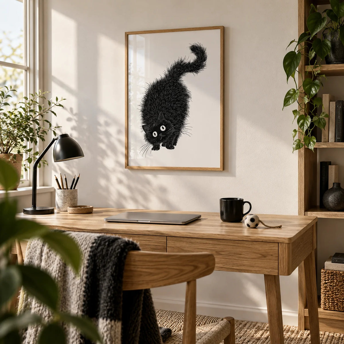 Arched Back Cat Print, framed on the wall of a quirky home office