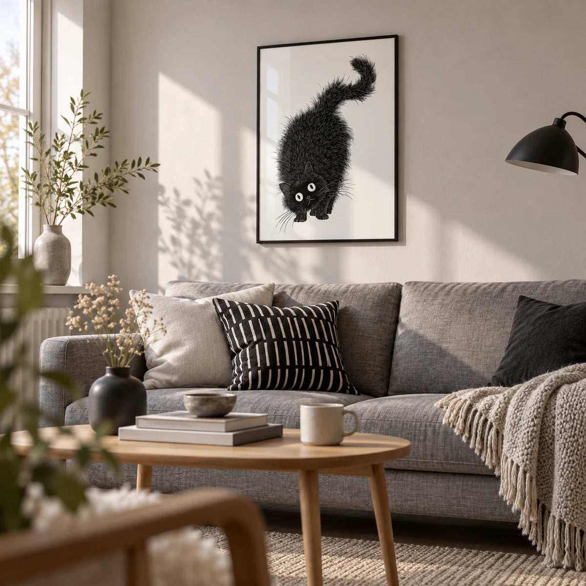 Arched Back Cat Print, framed on the wall of a Scandinavian living room