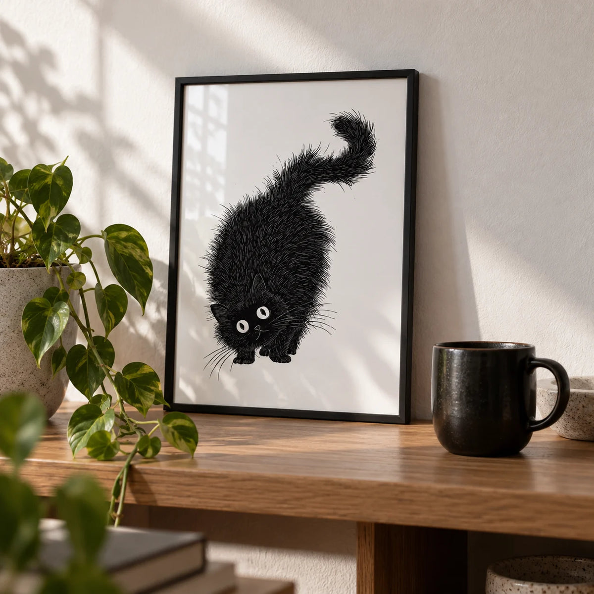 Arched Back Cat Print, a small A4 framed print leaning on an oak shelf in a living room