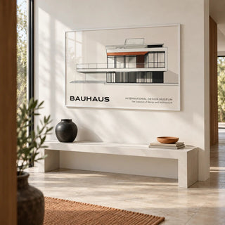 Architecture Art Print, framed on the wall of a bright modern hallway