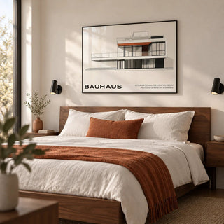 Architecture Art Print, framed on the wall of a crisp modern bedroom