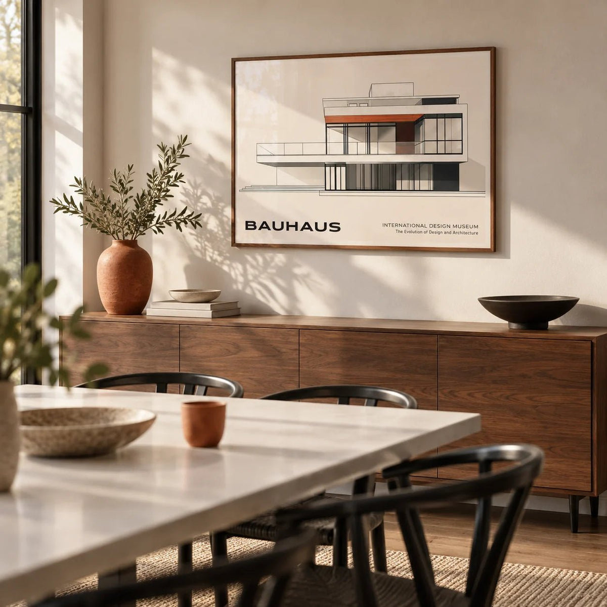 Architecture Art Print, framed on the wall of a modern dining room